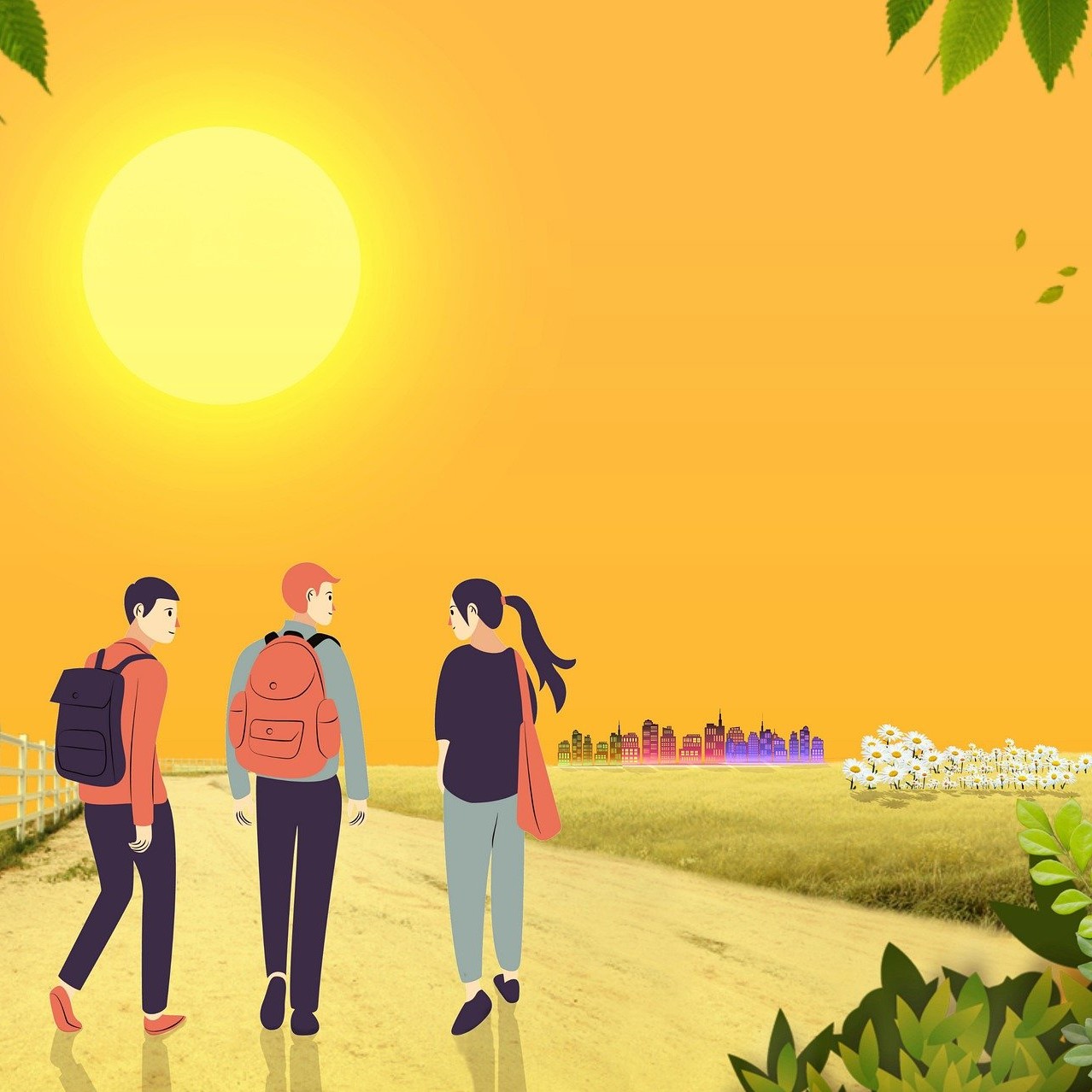 Illustration représentant 3 étudiant se dirigeant vers une ville